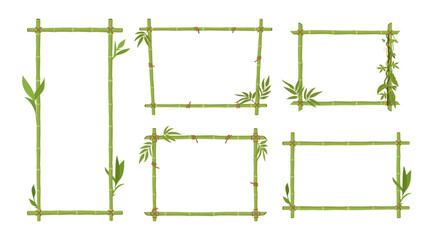 Bamboo frames. Jungle borders with green bamboo sticks and leaves wooden planks exotic signs flat vector illustration set. Cartoon bamboo frames