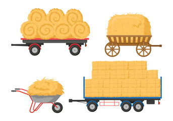 Cartoon carts full of hay. Agricultural haymaking, rural dried hay in trailer and cart, fodder straw flat vector illustration set. Hay trucks on white background