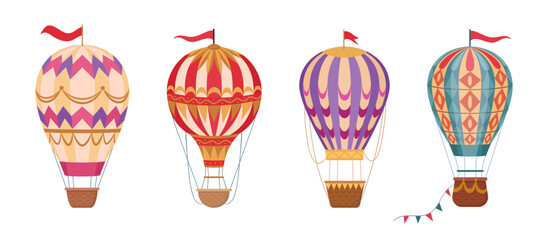 Cartoon flying hot air balloons. Retro hot air balloons decorated with flags and garlands flat vector illustration set. Vintage air transport collection on white