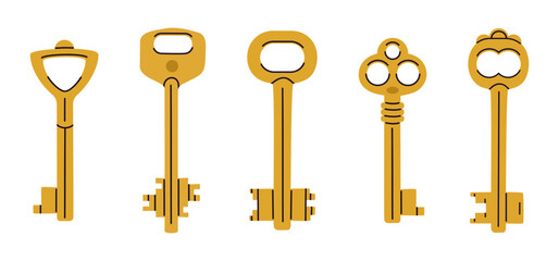 Cartoon retro door keys. Vintage house, apartment or mail box keys flat vector illustration set. Hand drawn keys on white