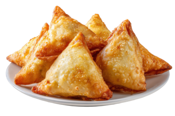 Plate of golden brown pastries isolated on transparent background