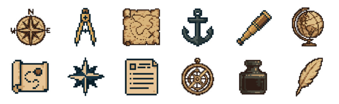 Set of pixel art navigation icons featuring a compass, map, anchor, and globe for a retro video game adventure, showcasing a vintage exploration and maritime theme