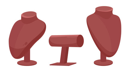 Jewelry shop showcase mannequins. Stands for precious jewelry accessories, glamorous jewelry on bijouterie shop holders flat vector illustration set. Cartoon jewel shop hangers