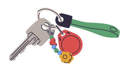 Keys bunch. Modern door keys with keychain, real estate property locking keys flat vector illustration. House keys on white background