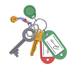 Modern door keys with keychain. Keys bunch, real estate property locking keys flat vector illustration. Cartoon house keys on white background