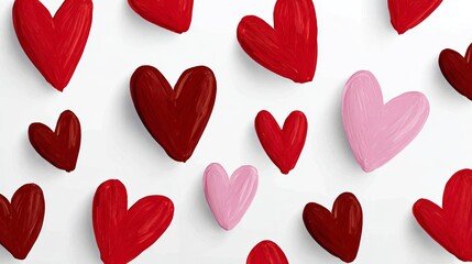 Colorful hearts in various shades of red and pink are scattered across a white background, creating a vibrant and playful atmosphere, perfect for expressing love and affection