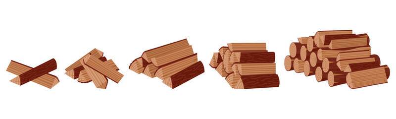 Stacked firewood. Cartoon wooden logs for kindling fireplace, wood industry materials flat vector illustration set. Bonfire firewood on white