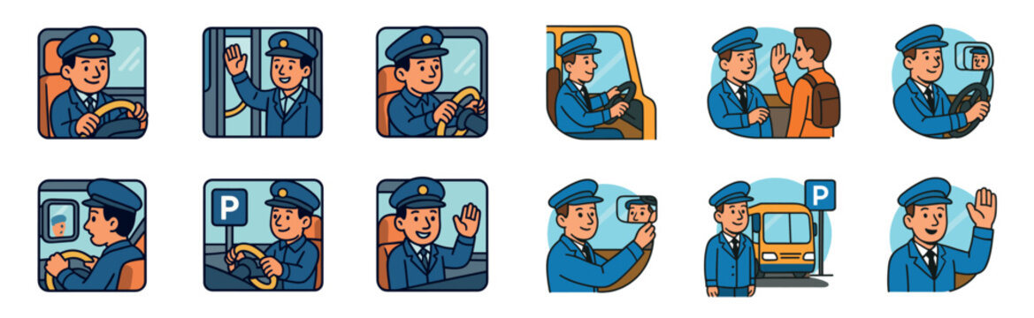 Friendly bus driver character illustration set showing various actions like driving, waving, greeting a passenger, and parking in a simple cartoon style