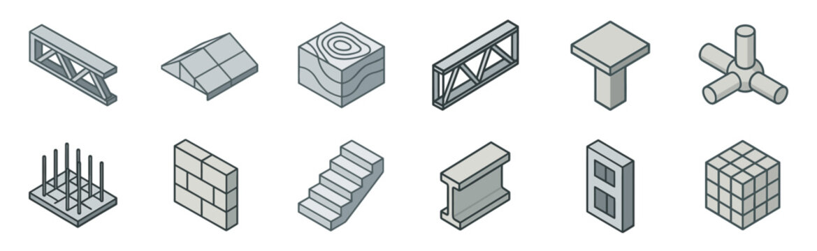 Set of construction and building material icons showing various structural elements like trusses, beams, foundations, and walls in a clean isometric line art illustration style