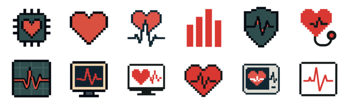 Set of pixel art medical icons featuring heart shapes, EKG heartbeat lines, monitors, and a stethoscope, representing health, cardiology, and technology in a retro 8-bit style