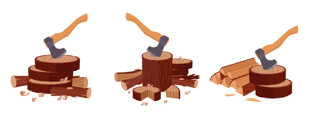 Wood chopping. Cartoon stacked woodwork, lumberjack ax workplace, firewood wooden logs flat vector illustration set. Wooden logs with axe