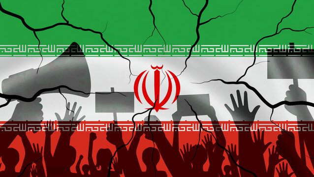 Iranian crowd protest concept with flag cracks representing mass unrest and conflict