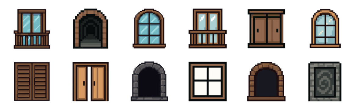 Pixel art collection of medieval windows and doors for a retro video game asset pack, featuring various architectural styles like stone arches, wooden frames, and balconies