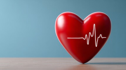 Red heart symbol with heartbeat line design, placed on wooden surface against a soft blue background, representing love, health, and emotional well-being in a creative visual concept