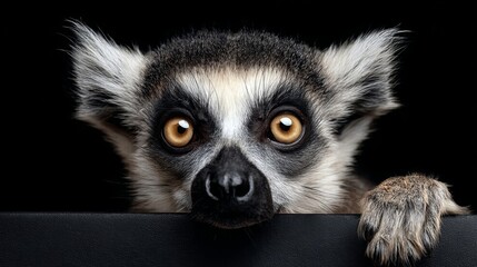 Obraz premium Close-up of a curious lemur with large expressive eyes peering over a dark surface, showcasing its unique facial features and playful demeanor in a captivating animal portrait