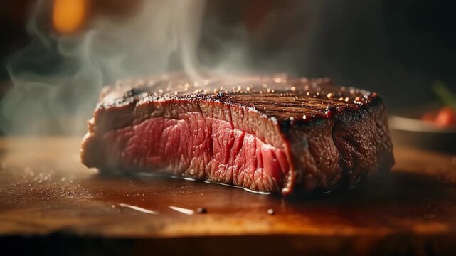 Close-up of a perfectly cooked steak, showing juicy red interior and steam.
