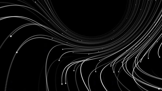Abstract dynamic optic fiber data stream animation with flowing silver lines and glow effect, perfect for festive, technology or digital communication themes, transparent background with alpha channel