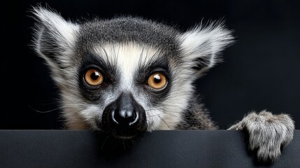 Close-up of a curious lemur with striking golden eyes peering over a dark surface, showcasing its unique facial features and playful expression in a captivating manner