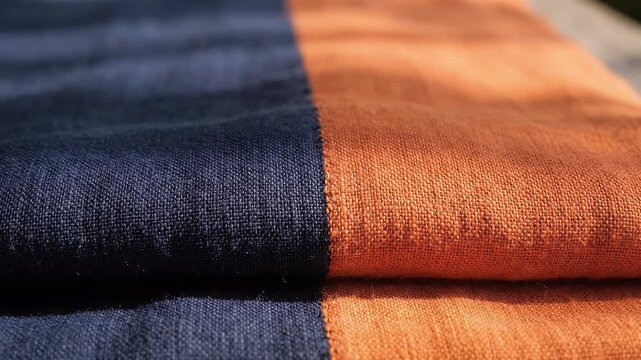 Close-Up of Dual-Toned Textile Fabric - A detailed close-up of a textile fabric showcasing a dual-toned design, with one half in dark blue and the other in vibrant orange.