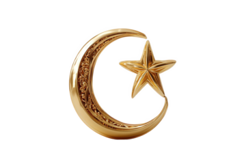Golden crescent and star ornament isolated on transparent background