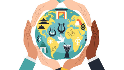 Diverse hands holding a vibrant globe with cultural symbols, promoting unity and global understanding from a overhead viewpoint