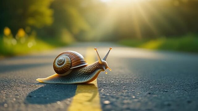 A snail slowly traverses a sunlit road, leaving a glistening trail on the asphalt surface.