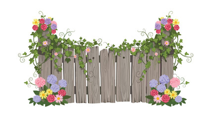 A rustic wooden garden gate embellished with a vibrant assortment of colorful flowers, ivy, and lush green foliage.