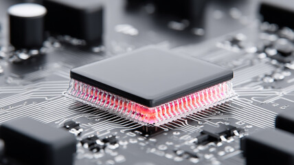 A microprocessor chip embedded in a circuit board representing computing power processing speed and modern technology
