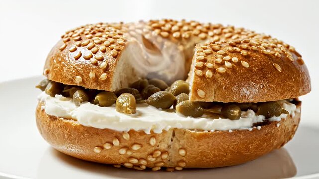 Bagel with Cream Cheese and Capers - This video features a sesame seed bagel that has been cut into quarters and filled with cream cheese and capers. The bagel is sitting on a white plate.