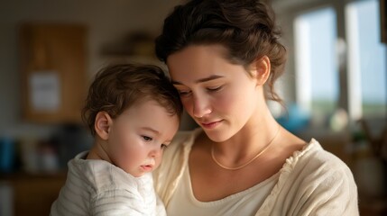 Multitasking mother handling household chores while comforting a child, tenderness combined with efficiency highlighting emotional and practical balance. cinematic color correction, natural uneven