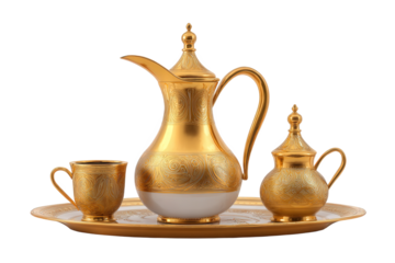 Golden tea set on tray isolated on transparent background