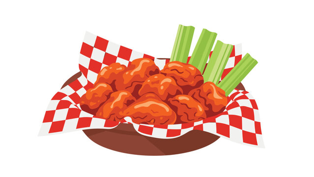 A basket overflowing with spicy buffalo chicken wings, served alongside crisp celery sticks and a checkered liner.