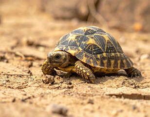 Fototapeta premium Detailed closeup of a starpatterned tortoise walking on parched ground. Perfect for wildlife education, conservation themes, or symbolizing slow and steady progress in various media.