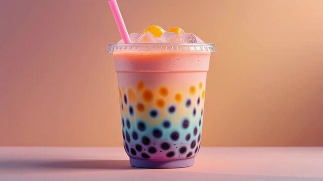 A refreshing rainbow-layered bubble tea drink with tapioca pearls and ice cubes, ready to be enjoyed.