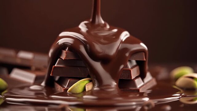 Dark chocolate bars stacked with melted chocolate pouring over, pistachios.