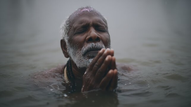 Hindu sadhu performing ritual bath and prayer during Makar Sankranti festival