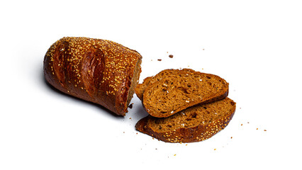Rye flour sliced loaf with cereals on a white background. High quality photo