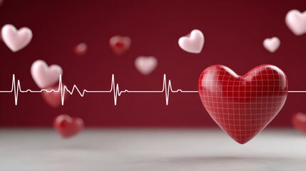 Heart-shaped objects in various sizes float against a deep red background, with a heartbeat line graphically represented, symbolizing love, health, and emotional connections in a vibrant visual displa