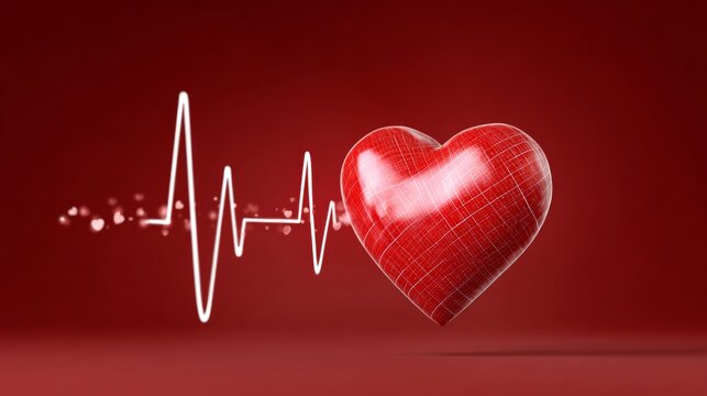 Heart symbol with heartbeat line, set against a vibrant red background, representing love, health, and emotional connection, ideal for medical and romantic themes in visual storytelling - Powered by Adobe
