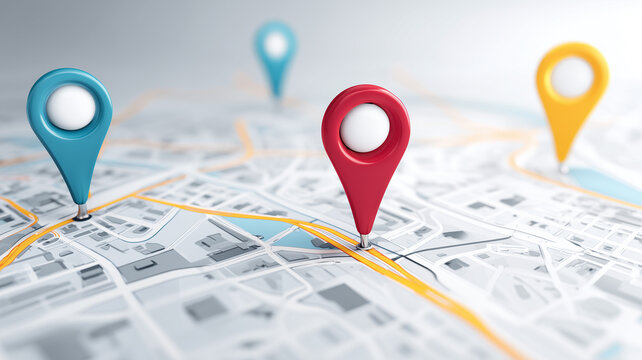 Colorful location pins placed on a city map illustrating navigation, geolocation and location based services concept.
