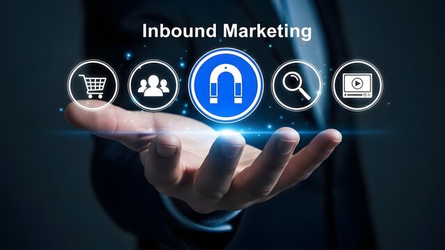 Hand presents glowing inbound marketing icons floating above, including shopping cart, users, and a magnet.