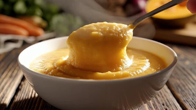 Creamy Butternut Squash Soup in a Bowl - A hand holding a spoon is poised to dip into a warm bowl of creamy butternut squash soup.