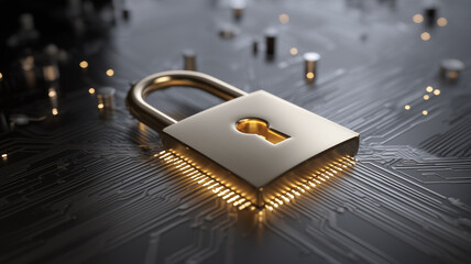 Padlock integrated into a computer chip illustrating data protection, cybersecurity and digital privacy.
