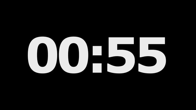1 Minute countdown animation on black background.Digital Countdown timer one minute animation from 60to0 seconds on transparent background.1 minutes countdown timer animation.4k video black background
