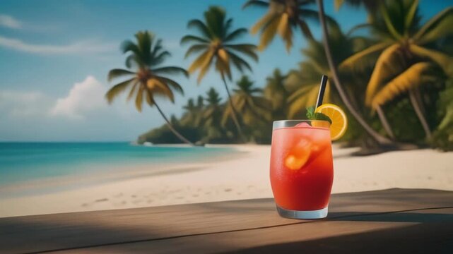 A refreshing cocktail sits on a wooden surface with a tropical beach and palm trees in the background.