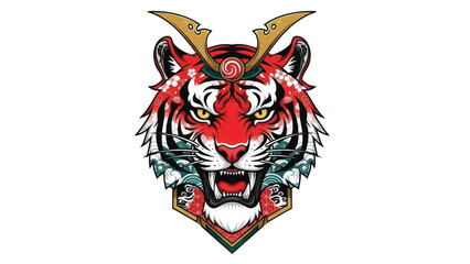 Obraz premium Vibrant stylized tiger head emblem with bold colors and intricate linework.