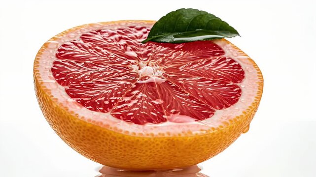 Fresh Half Grapefruit with Leaf - A vibrant half of a grapefruit displays its juicy pink interior, complete with intricate patterns of pulp.