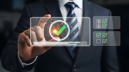 Businessman's hand interacts with a futuristic holographic screen displaying a green checkmark and checklists.