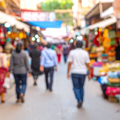 Vibrant blurred street market scene capturing urban energy and local culture. This softfocus shot of shoppers in a busy alley is perfect for travel, commerce, and lifestyle projects.