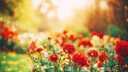 tulip. Lush garden filled with vibrant flowers and green foliage, bathed in warm summer sunlight for a serene outdoor scene. gardening catalogs.
